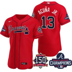 Men Atlanta Braves #13 Ronald Acuna Jr. 2021 Red World Series Champions With 150th Anniversary Flex Base Stitched Jersey