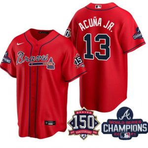 Men Atlanta Braves #13 Ronald Acuna Jr. 2021 Red World Series Champions With 150th Anniversary Patch Cool Base Stitched Jersey