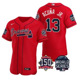 Men Atlanta Braves #13 Ronald Acuna Jr. 2021 Red World Series Flex Base With 150th Anniversary Patch Stitched Baseball Jersey