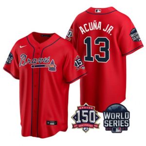 Men Atlanta Braves #13 Ronald Acuna Jr. 2021 Red World Series With 150th Anniversary Patch Cool Base Stitched Jersey