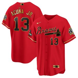 Men Atlanta Braves #13 Ronald Acuna Jr. 2021 Red/Gold World Series Champions With 150th Anniversary Patch Cool Base Stitched Jersey