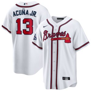 Men Atlanta Braves #13 Ronald Acuna Jr. 2021 White World Series Champions Cool Base Stitched Jersey