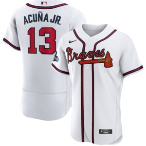 Men Atlanta Braves #13 Ronald Acuna Jr. 2021 White World Series Champions Stitched Baseball Jersey