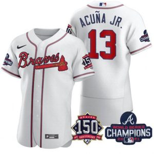 Men Atlanta Braves #13 Ronald Acuna Jr. 2021 White World Series Champions With 150th Anniversary Flex Base Stitched Jersey