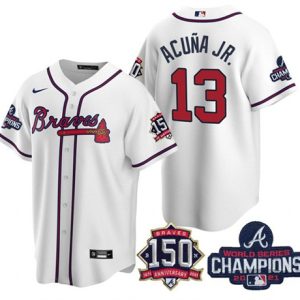 Men Atlanta Braves #13 Ronald Acuna Jr. 2021 White World Series Champions With 150th Anniversary Patch Cool Base Stitched Jersey