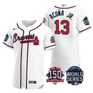 Men Atlanta Braves #13 Ronald Acuna Jr. 2021 White World Series Flex Base With 150th Anniversary Patch Stitched Baseball Jersey