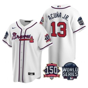 Men Atlanta Braves #13 Ronald Acuna Jr. 2021 White World Series With 150th Anniversary Patch Cool Base Stitched Jersey