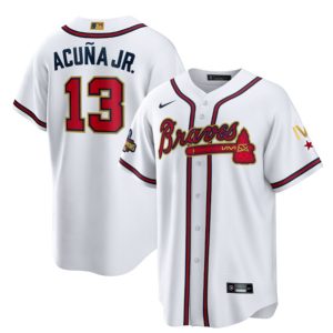 Men Atlanta Braves #13 Ronald Acuna Jr. 2022 White/Gold World Series Champions Program Cool Base Stitched Baseball Jersey