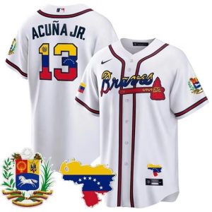 Men Atlanta Braves #13 Ronald Acuna Jr. 2023 White With Patch Cool Base Stitched Jersey