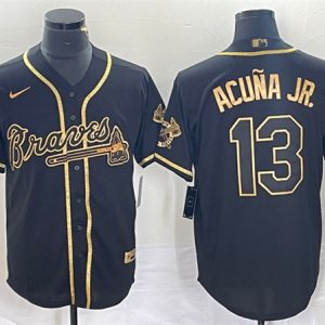 Men Atlanta Braves #13 Ronald Acuna Jr. Black Gold Cool Base Stitched Baseball Jersey