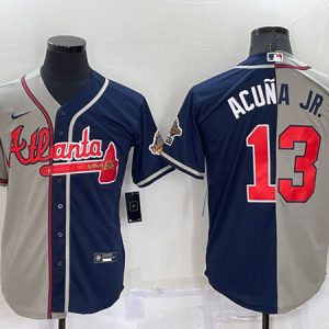 Men Atlanta Braves #13 Ronald Acuna Jr. Gray Navy Two Tone Split Cool Base Stitched Baseball Jersey