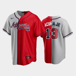 Men Atlanta Braves #13 Ronald Acuna Jr. Gray/Red Spilt Cool Base Stitched Baseball Jersey