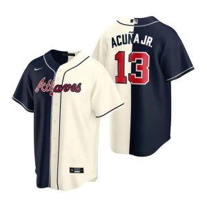 Men Atlanta Braves #13 Ronald Acuna Jr. Navy/Cream Spilt Cool Base Stitched Baseball Jersey