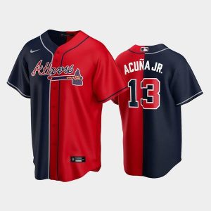 Men Atlanta Braves #13 Ronald Acuna Jr. Navy/Red Spilt Cool Base Stitched Baseball Jersey