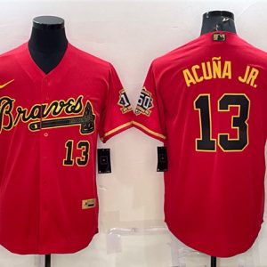 Men Atlanta Braves #13 Ronald Acuna Jr. Red Gold Cool Base Stitched Baseball Jersey