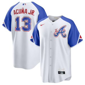 Men Atlanta Braves #13 Ronald Acuna Jr. White 2023 City Connect Cool Base Stitched Baseball Jersey