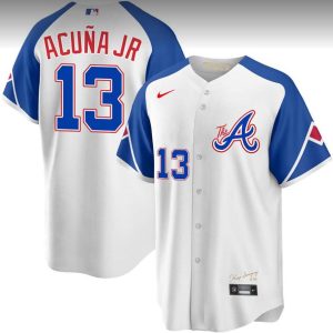 Men Atlanta Braves #13 Ronald Acuna Jr. White 2023 City Connect Cool Base Stitched Baseball Jersey