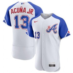 Men Atlanta Braves #13 Ronald Acuna Jr. White 2023 City Connect Flex Base Stitched Jersey