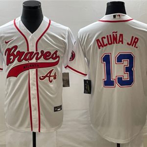 Men Atlanta Braves #13 Ronald Acuna Jr. White Cool Base With Patch Stitched Baseball Jersey