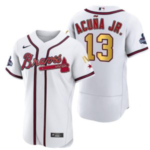 Men Atlanta Braves #13 Ronald Acuna Jr. White Gold World Series Champions Flex Base Stitched Jersey