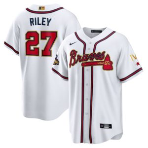 Men Atlanta Braves #27 Austin Riley 2022 White/Gold World Series Champions Program Cool Base Stitched Baseball Jersey