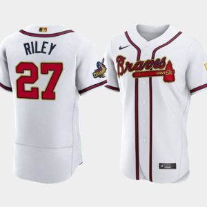 Men Atlanta Braves #27 Austin Riley 2022 White/Gold World Series Champions Program Flex Base Stitched Baseball Jersey