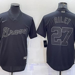 Men Atlanta Braves #27 Austin Riley Black Pitch Black Fashion Replica Stitched Jersey