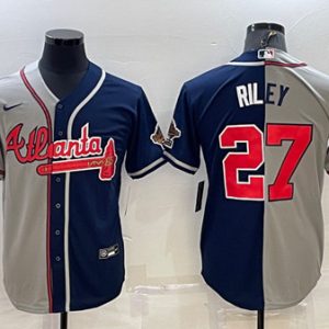 Men Atlanta Braves #27 Austin Riley Gray Navy Two Tone Split Cool Base Stitched Baseball Jersey