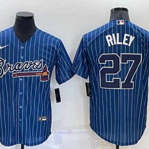 Men Atlanta Braves #27 Austin Riley Navy Cool Base Stitched Baseball Jersey