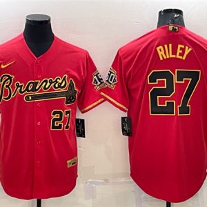 Men Atlanta Braves #27 Austin Riley Red Gold Cool Base Stitched Baseball Jersey