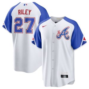 Men Atlanta Braves #27 Austin Riley White 2023 City Connect Cool Base Stitched Baseball Jersey