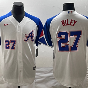 Men Atlanta Braves #27 Austin Riley White 2023 City Connect Cool Base With Patch Stitched Baseball Jersey