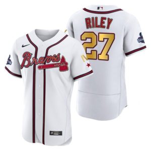 Men Atlanta Braves #27 Austin Riley White Gold World Series Champions Flex Base Stitched Jersey