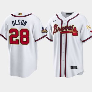 Men Atlanta Braves #28 Matt Olson 2022 White/Gold World Series Champions Program Cool Base Stitched Baseball Jersey