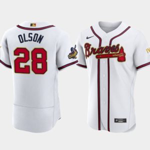 Men Atlanta Braves #28 Matt Olson 2022 White/Gold World Series Champions Program Flex Base Stitched Baseball Jersey