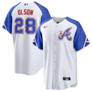 Men Atlanta Braves #28 Matt Olson White 2023 City Connect Cool Base Stitched Baseball Jersey