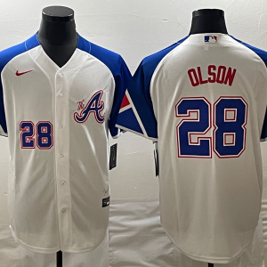 Men Atlanta Braves #28 Matt Olson White 2023 City Connect Cool Base With Patch Stitched Baseball Jersey