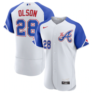 Men Atlanta Braves #28 Matt Olson White 2023 City Connect Flex Base Stitched Jersey