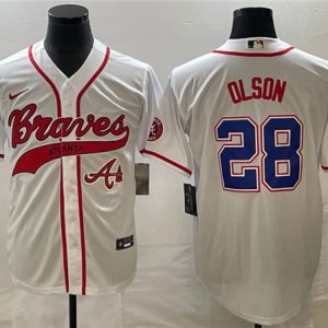 Men Atlanta Braves #28 Matt Olson White Cool Base With Patch Stitched Baseball Jersey