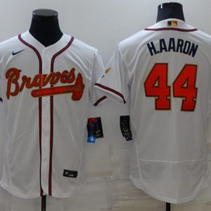 Men Atlanta Braves #44 Hank Aaron 2022 White/Gold World Series Champions Program Flex Base Stitched Baseball Jersey