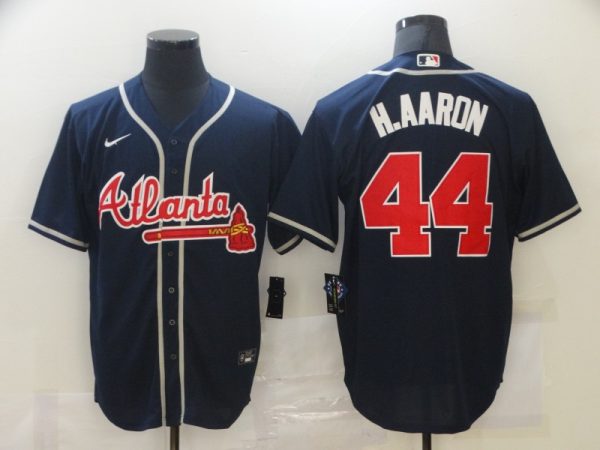 Men Atlanta Braves #44 Hank Aaron Navy Stitched MLB Jersey