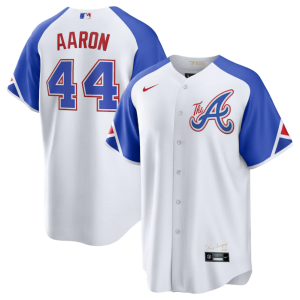 Men Atlanta Braves #44 Hank Aaron White 2023 City Connect Cool Base Stitched Baseball Jersey