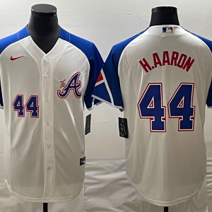 Men Atlanta Braves #44 Hank Aaron White 2023 City Connect Cool Base With Patch Stitched Baseball Jersey