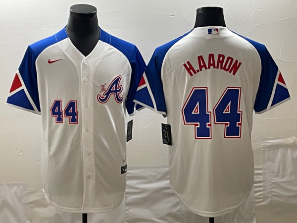 Men Atlanta Braves #44 Hank Aaron White 2023 City Connect Cool Base With Patch Stitched Baseball Jersey