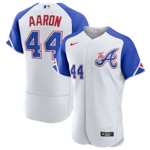 Men Atlanta Braves #44 Hank Aaron White 2023 City Connect Flex Base Stitched Jersey