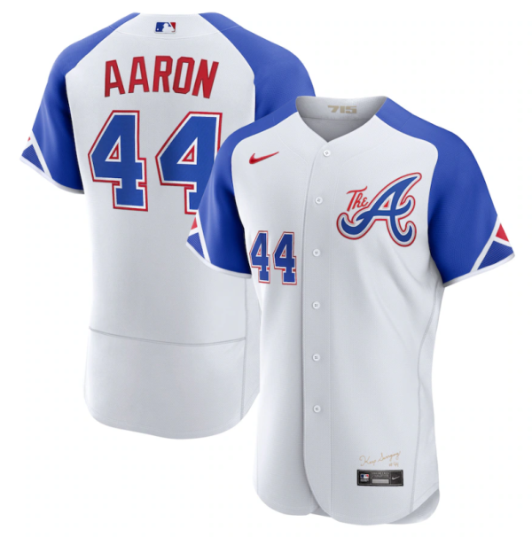 Men Atlanta Braves #44 Hank Aaron White 2023 City Connect Flex Base Stitched Jersey