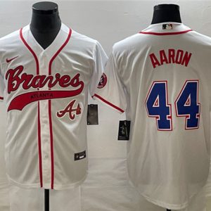 Men Atlanta Braves #44 Hank Aaron White Cool Base With Patch Stitched Baseball Jersey