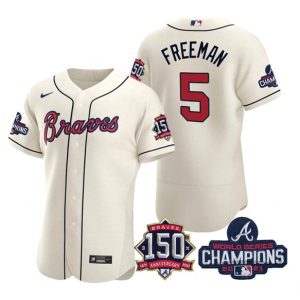 Men Atlanta Braves #5 Freddie Freeman 2021 Cream World Series Champions With 150th Anniversary Flex Base Stitched Jersey