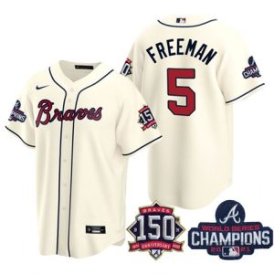 Men Atlanta Braves #5 Freddie Freeman 2021 Cream World Series Champions With 150th Anniversary Patch Cool Base Stitched Jersey