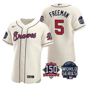 Men Atlanta Braves #5 Freddie Freeman 2021 Cream World Series Flex Base With 150th Anniversary Patch Stitched Baseball Jersey